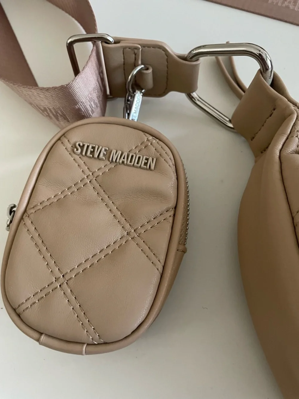 Steve Madden Quilted Crossbody Shoulder Bag Mushroom Beige + Mini Pouch